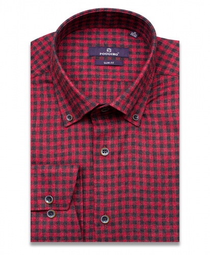 Байковая бордовая приталенная мужская рубашка Poggino 7017-61 в клетку с длинными рукавами