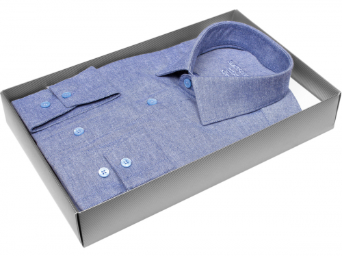 Байковая синяя приталенная мужская рубашка Alessandro Milano 3210-06S меланж с длинными рукавами