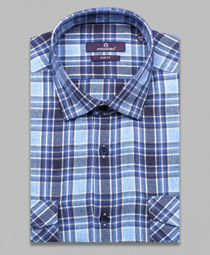 Байковая голубая приталенная мужская рубашка Poggino 7017-08 в клетку с длинными рукавами