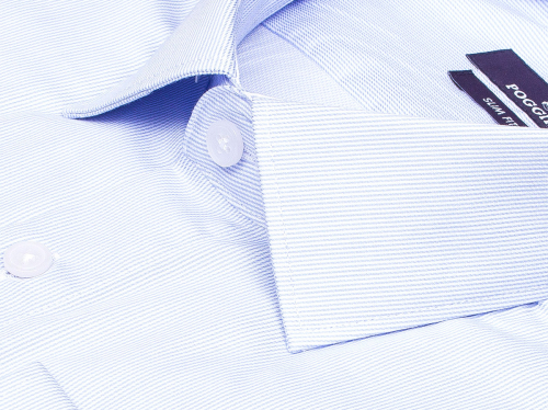 Голубая приталенная мужская рубашка Poggino 7015-50 в полоску с длинными рукавами