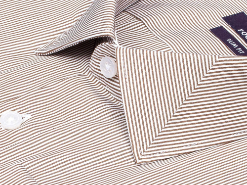 Коричневая приталенная мужская рубашка Poggino 7013-61 в полоску с длинными рукавами