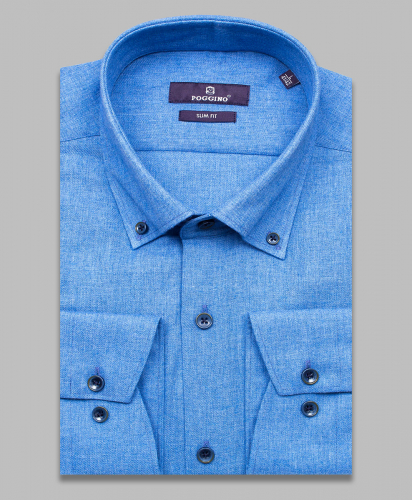 Байковая синяя приталенная мужская рубашка меланж Poggino 7017-54 с длинным рукавом