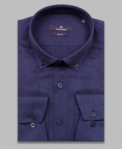 Темно-синяя приталенная мужская рубашка меланж Poggino 7015-46 с длинным рукавом
