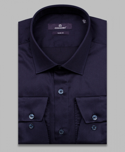 Темно-синяя приталенная мужская рубашка Poggino 7015-39 с длинными рукавами