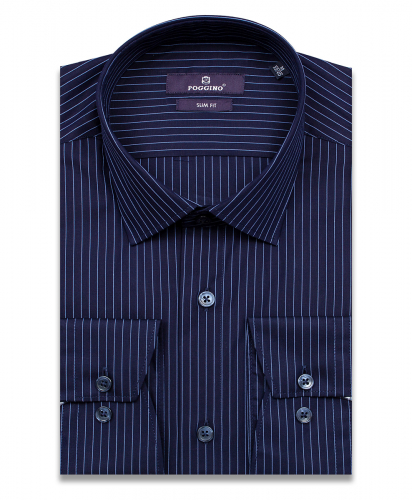 Темно-синяя приталенная мужская рубашка Poggino 7014-36 в полоску с длинными рукавами
