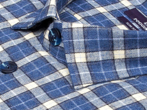 Байковая синяя приталенная мужская рубашка Poggino 7014-47 в клетку с длинными рукавами