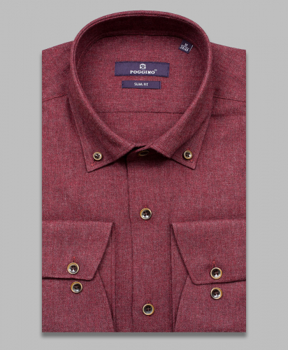 Байковая бордовая приталенная мужская рубашка меланж Poggino 7017-53 с длинными рукавами