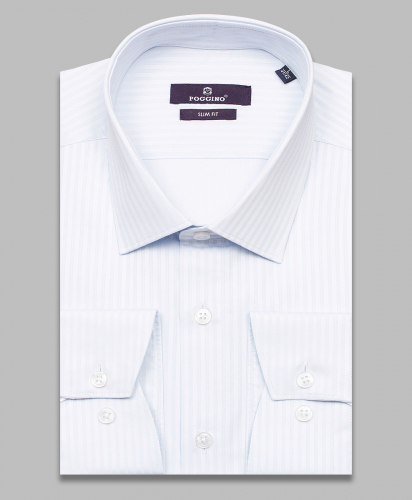 Бледно-голубая приталенная мужская рубашка Poggino 7013-93 в полоску с длинными рукавами