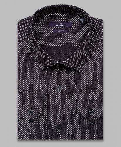 Черная приталенная мужская рубашка Poggino 7014-40 в ромбах с длинными рукавами
