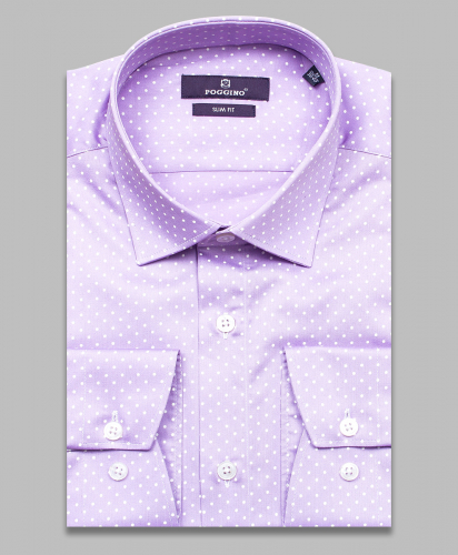 Сиреневая приталенная мужская рубашка Poggino 7014-38 в горошек с длинными рукавами