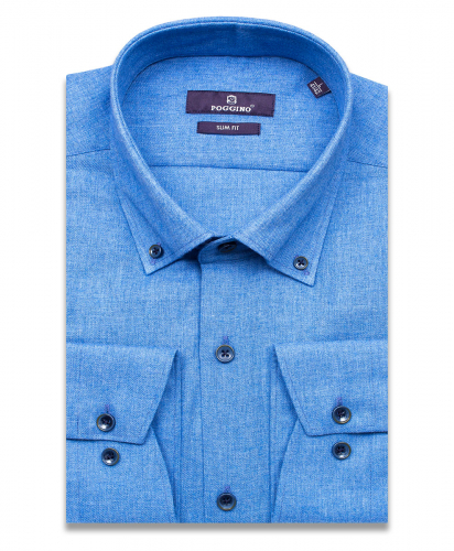 Байковая синяя приталенная мужская рубашка меланж Poggino 7017-54 с длинным рукавом