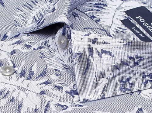 Синяя приталенная мужская рубашка Poggino 5010-35 в листьях с длинным рукавом