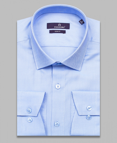 Голубая приталенная мужская рубашка Poggino 7015-16 с длинными рукавами