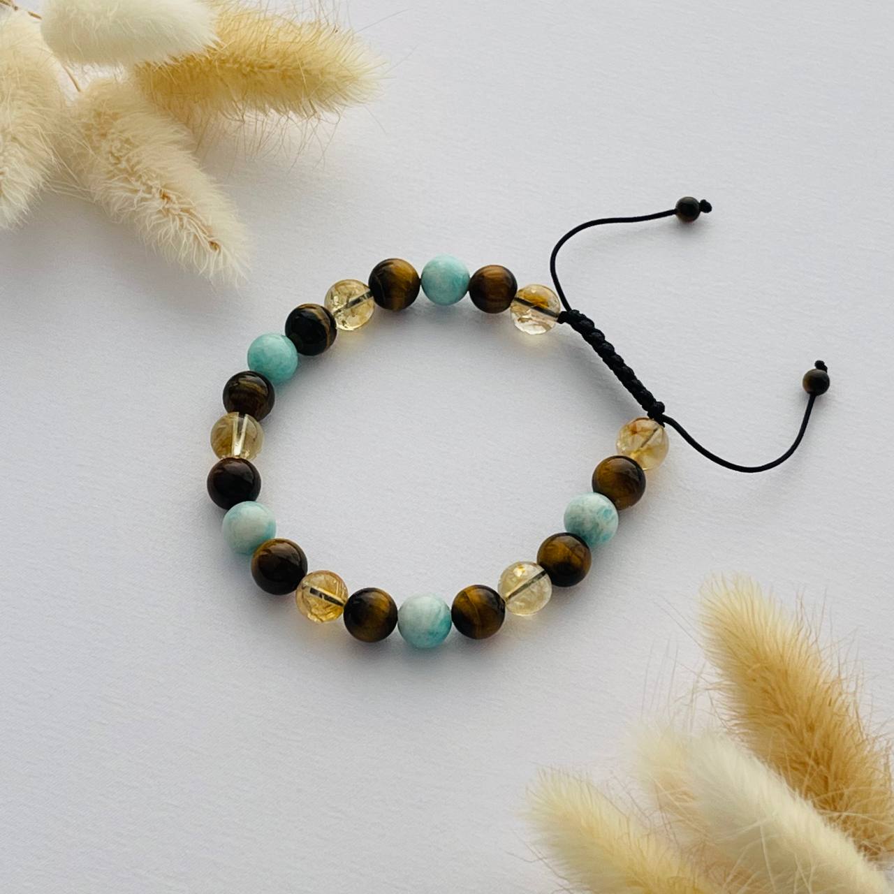 Радуга Самоцветов Браслет регулируемый из Тигрового глаза, Цитрина и Амазонита