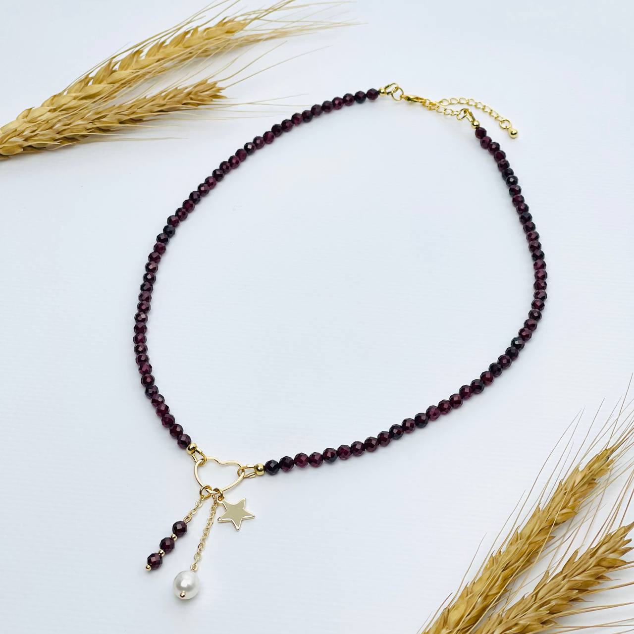 Радуга Самоцветов Бусы из Граната (Пироп) с Жемчугом