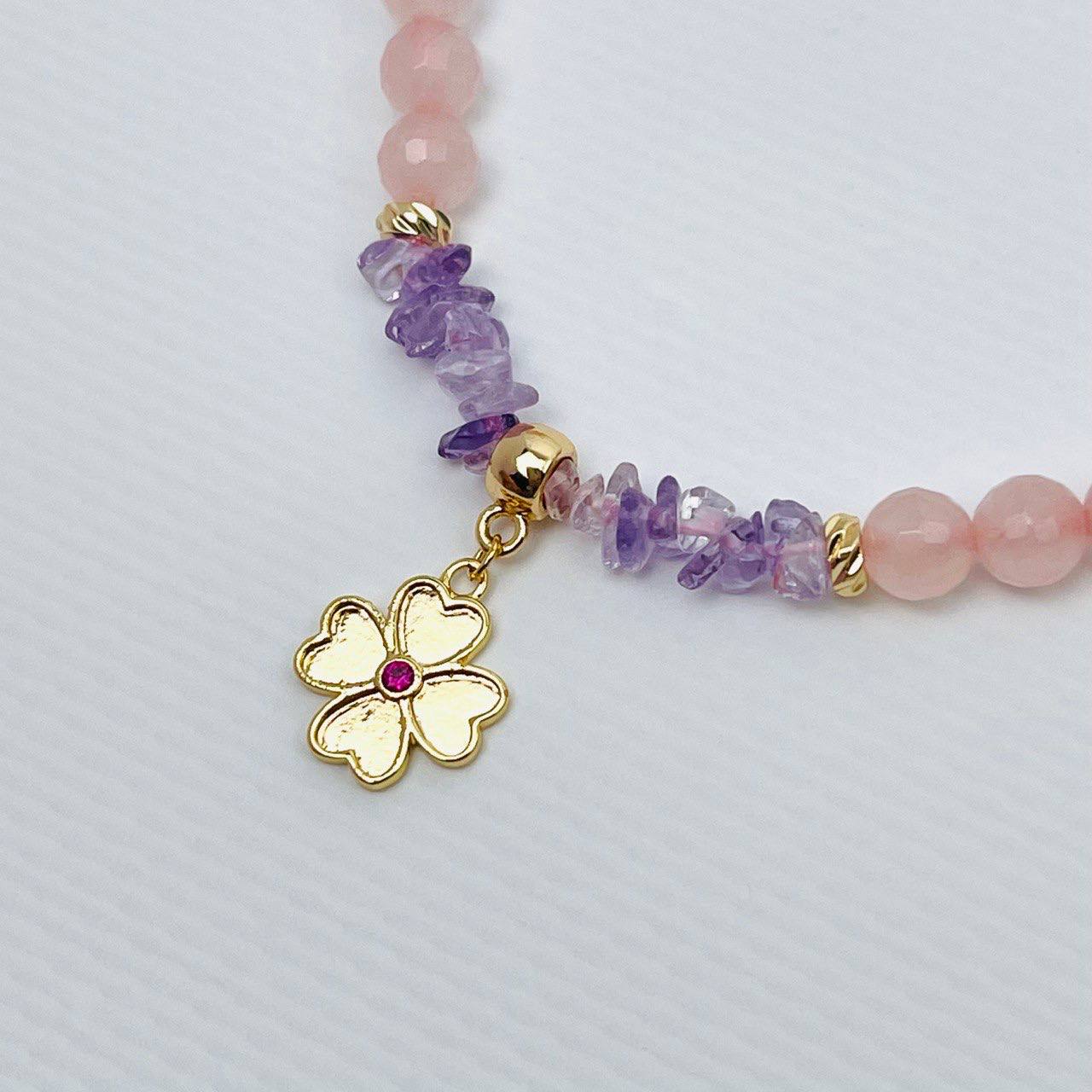 Радуга Самоцветов Колье из Розового кварца и Аметиста с подвеской
