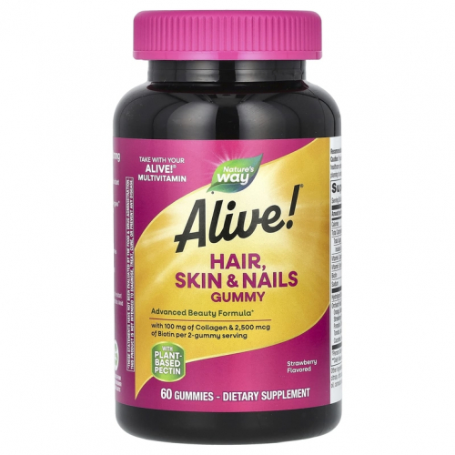 Nature's Way, Alive! добавка с коллагеном и биотином для волос, кожи и ногтей, со вкусом клубники, 60 жевательных таблеток