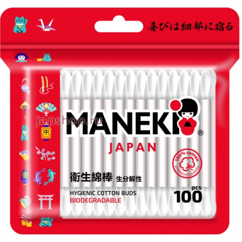 Maneki Red Палочки ватные с белым бумажным стиком в zip-пакете, 100 шт (4895228901309)