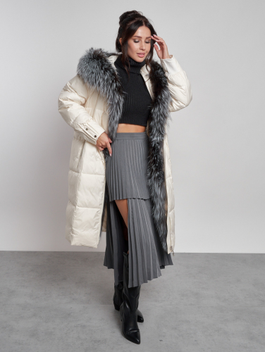 Пальто утепленное с чернобуркой зимнее женское светло-бежевого цвета 133156SB