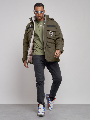 Куртка мужская зимняя с капюшоном молодежная цвета хаки 88911Kh