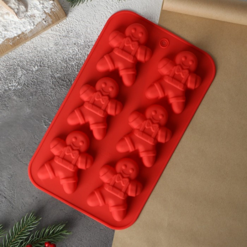 Форма для выпечки Доляна «Новый год. Имбирный пряник», силикон, 28×17 см, 6 ячеек, цвет красный