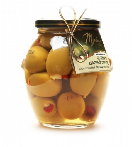 Оливки Зелёные S.MAMMOTH с чесноком и красным перцем (91-100)