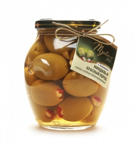 Оливки Зелёные S.MAMMOTH с миндалём и красным перцем (91-100)