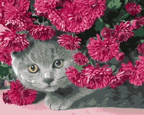 Картины по номерам Котёнок в цветах