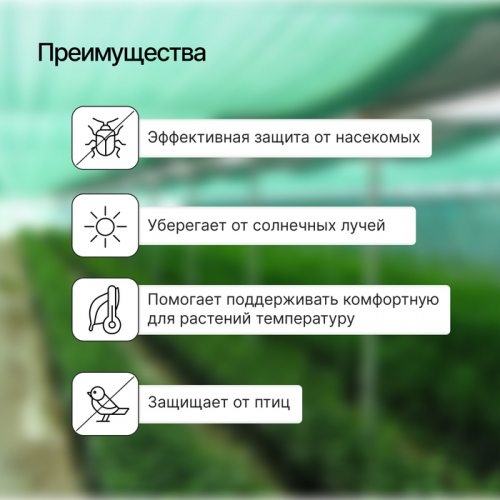 Парник от птиц, длина 4 м: сетка 6 × 2 м, затенение 80%; 4 дуги из стеклопластика, длина дуги 2 м, диаметр дуги 4 мм