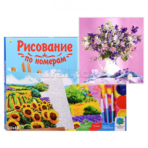 Холст с красками 30х40 см. по номерам. Полевые цветы на розовом фоне (20 цв.)