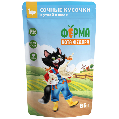 Мнямс Влажный корм Ферма кота Фёдора сочные кусочки в желе для кошек с уткой 85 г