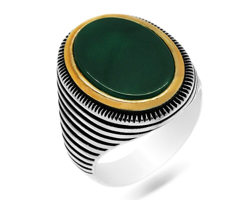 Мужское кольцо из серебра зеленый агат, ТМК-10-1