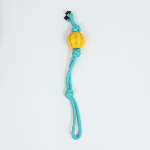 Игрушка канатная плетёная с мячом, до 45 см, до 115 г, голубая/желтая