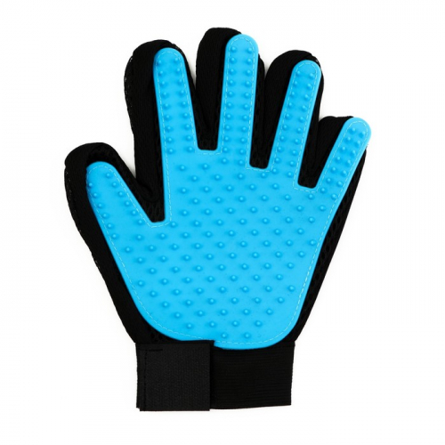 Перчатка-щетка для шерсти на левую руку из неопрена с удлиненными зубчиками, светло-голубая