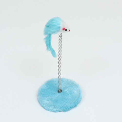 Дразнилка для кошек на пружине с мышью (5 см), 10,5 х 23 см, голубая