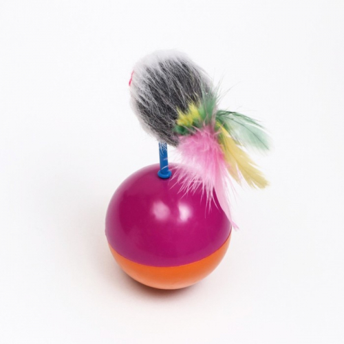 Мышь-неваляшка из натурального меха на шаре, 11 х 5 см фиолетовый/оранжевый