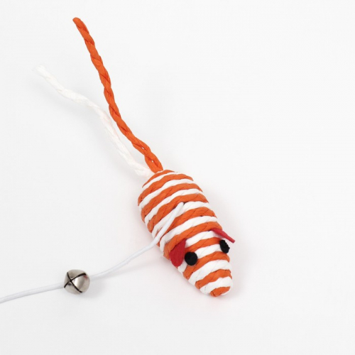 Дразнилка-удочка с мышью на деревянной ручке, оранжевая/белая
