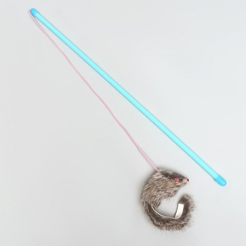 Дразнилка-удочка с серой мышью из натурального меха, 46 см, палочка микс цветов