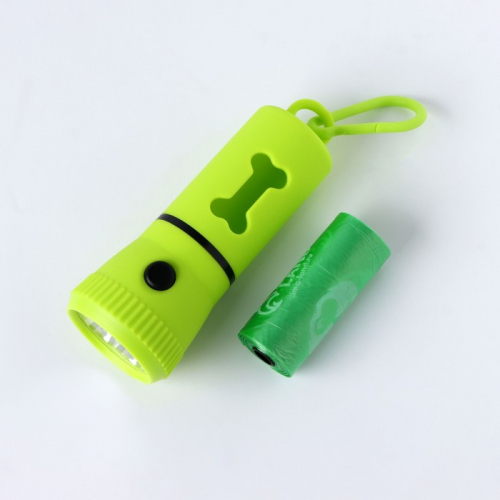 Контейнер с фонариком, пакеты для уборки за собаками (рулон 15), зеленый