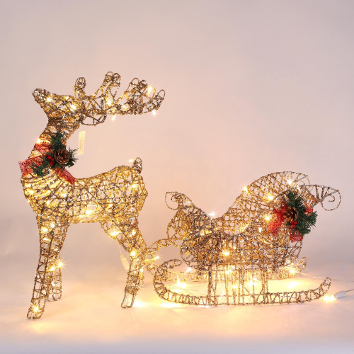 Новогодняя декорация олень с санями с подсветкой 60 см шампанское