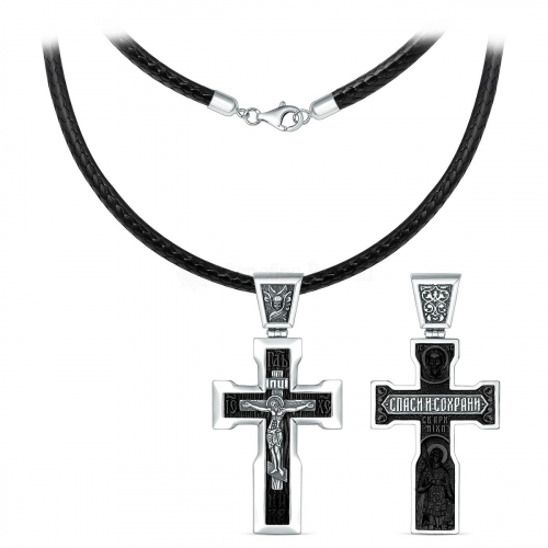 Колье с крестом из чернёного серебра и дерева эбен на текстильном вощёном шнурке - Распятие, Ангел Хранитель, Святой Дух (сбоку надпись 