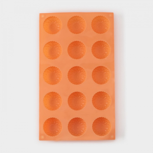 Форма силиконовая для выпечки «Цветы. Хризантема», 29×17×2 см, 15 ячеек, цвет оранжевый