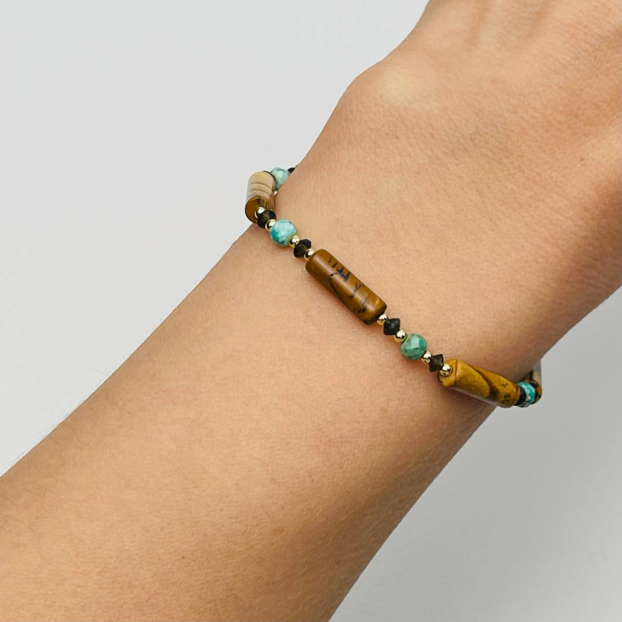 Радуга Самоцветов Браслет из песочной Яшмы, Обсидиана и Бирюзы