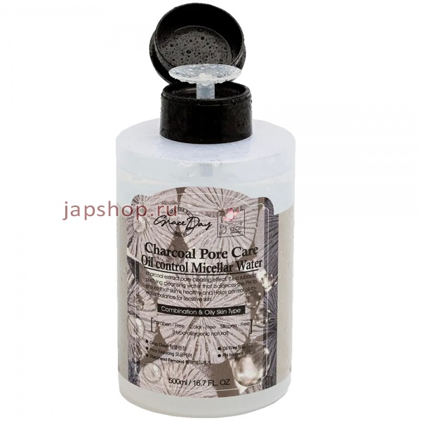 Grace Day Charcoal Micellar Cleansing Water Мицелярная Очищающая вода с углем, для комбинорованной и жирной кожи, 500 мл (8809446652437)