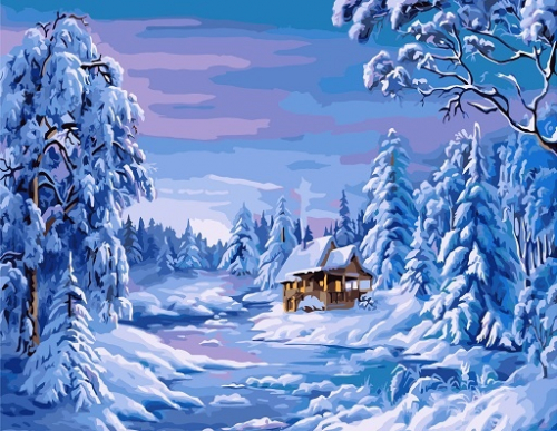Картина по номерам 40х50 Домик в зимнем лесу