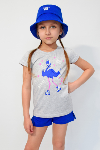 Комплект 2131-222 - 3 предмета: футболка+шорты+панама  Фламинго KID/Синий/ сер.меланж