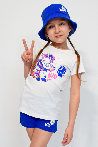 Комплект 2131-222 - 3 предмета: футболка+шорты+панама  Единорог KID/Синий белый