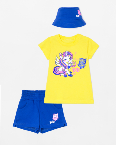 Комплект 2131-222 - 3 предмета: футболка+шорты+панама  Единорог KID/Синий желтый
