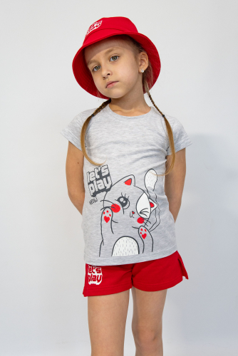 Комплект 2131-221 - 3 предмета: футболка+шорты+панама  Let's Play/Красный с.меланж
