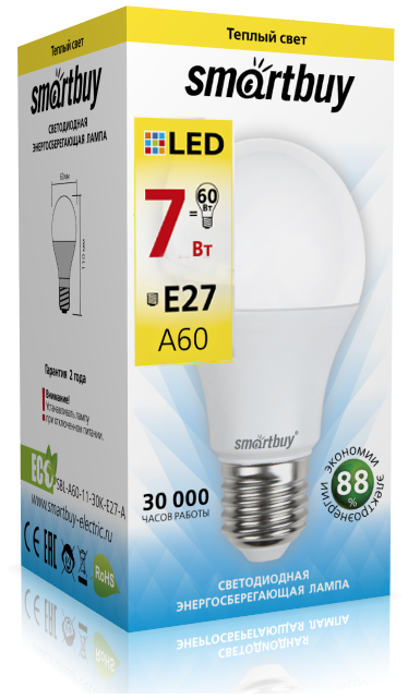 Светодиодная (LED) Лампа Smartbuy-A60-07W/3000/E27 (7W/теплый/E27) (заказ кратно 10шт)